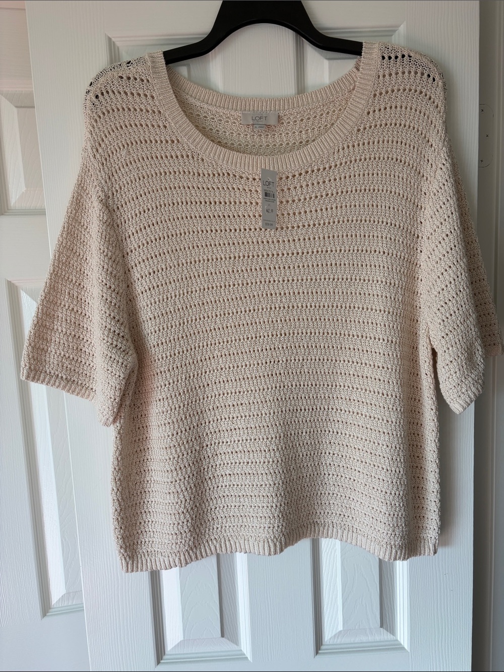 LOFT Cream Open-Knit Scoop Neck Short-Sleeve Sweater-NWT